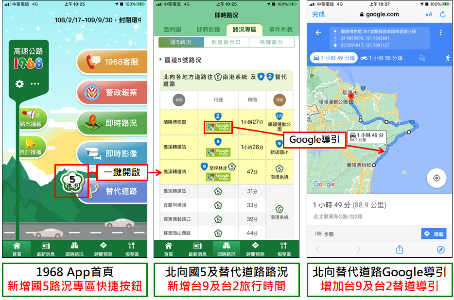 國5路況專區快捷按鈕/台2及台9替代道路旅行時間